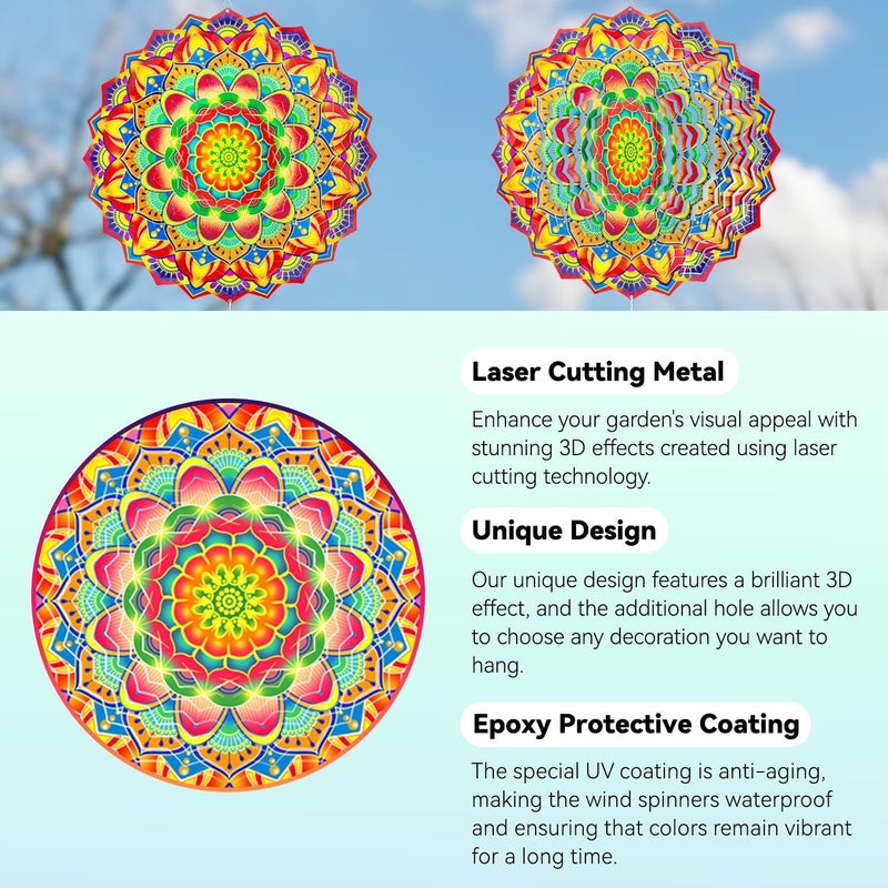Katinyos Wind Spinners,12 inch Multi Color Mandala with 360° Swivel Hook for Yard and Garden, Bird Wind Catcher, Metal Wind Spinners Outdoor for Lawn Hanging Crafts Decor Kinetic Yard Art Ornament Gifts - Image 4